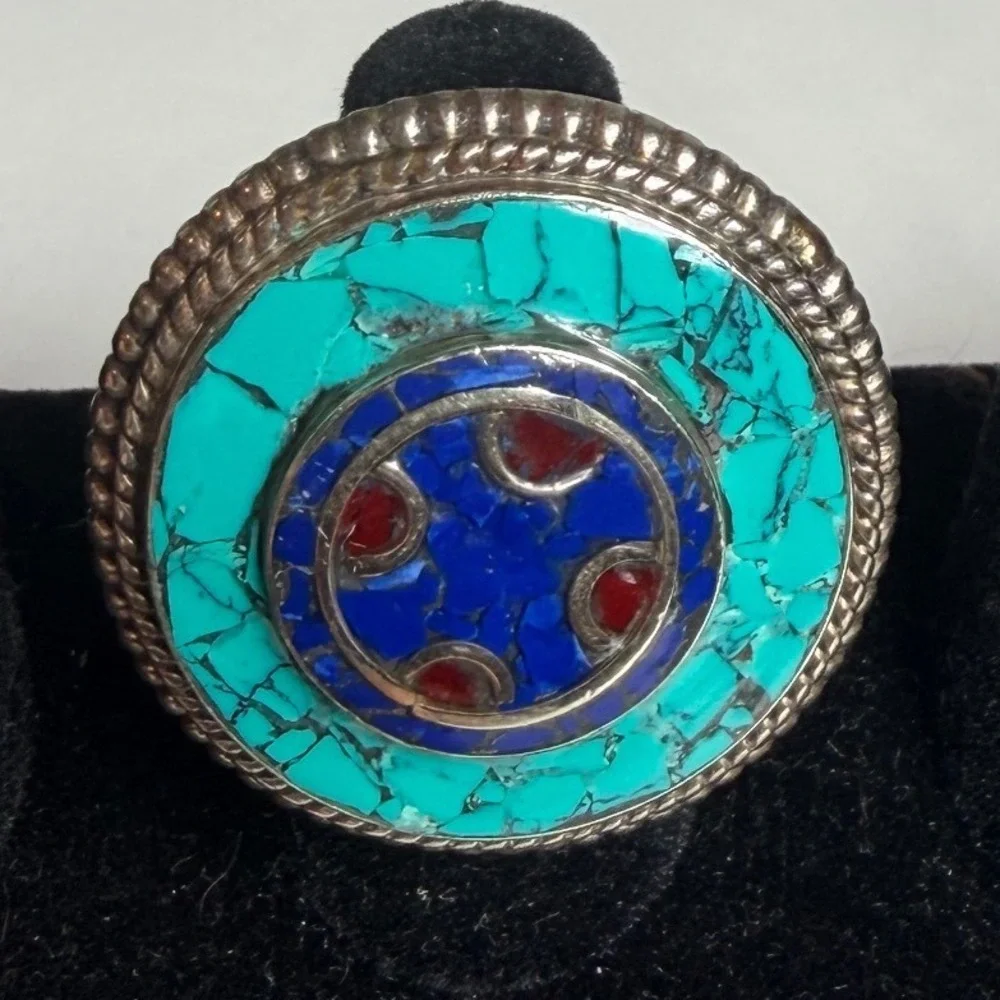 Bohemian Mosaic Turquoise Lapis Coral Statement Ring Silver Tone‎ Size 7
